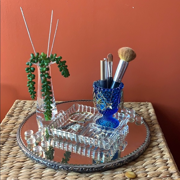 VTG MCM glass trinket dish/blue hobnail cup/votive